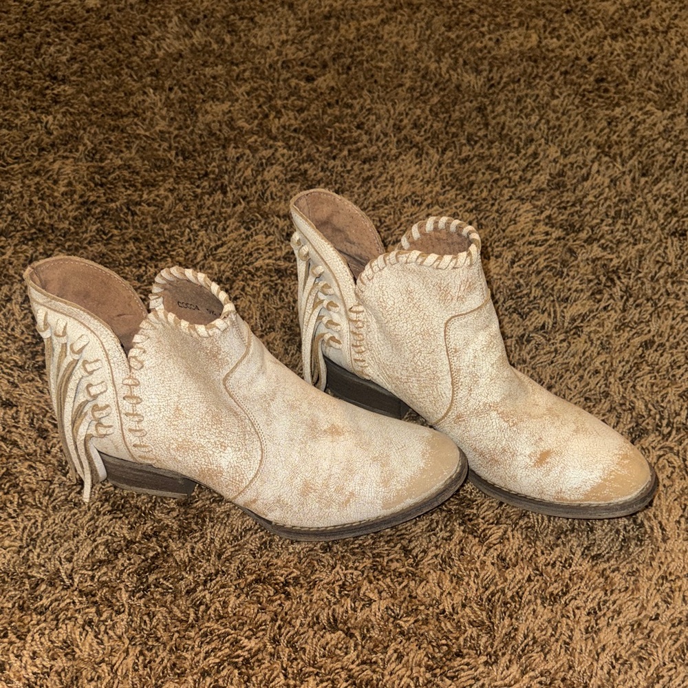 Circle G Cream Braided Ankle Boots with Fringe Detail